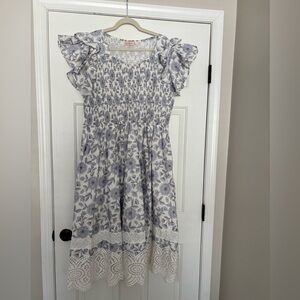 Ivy City Co Blue Floral  Dress with Lace Hem